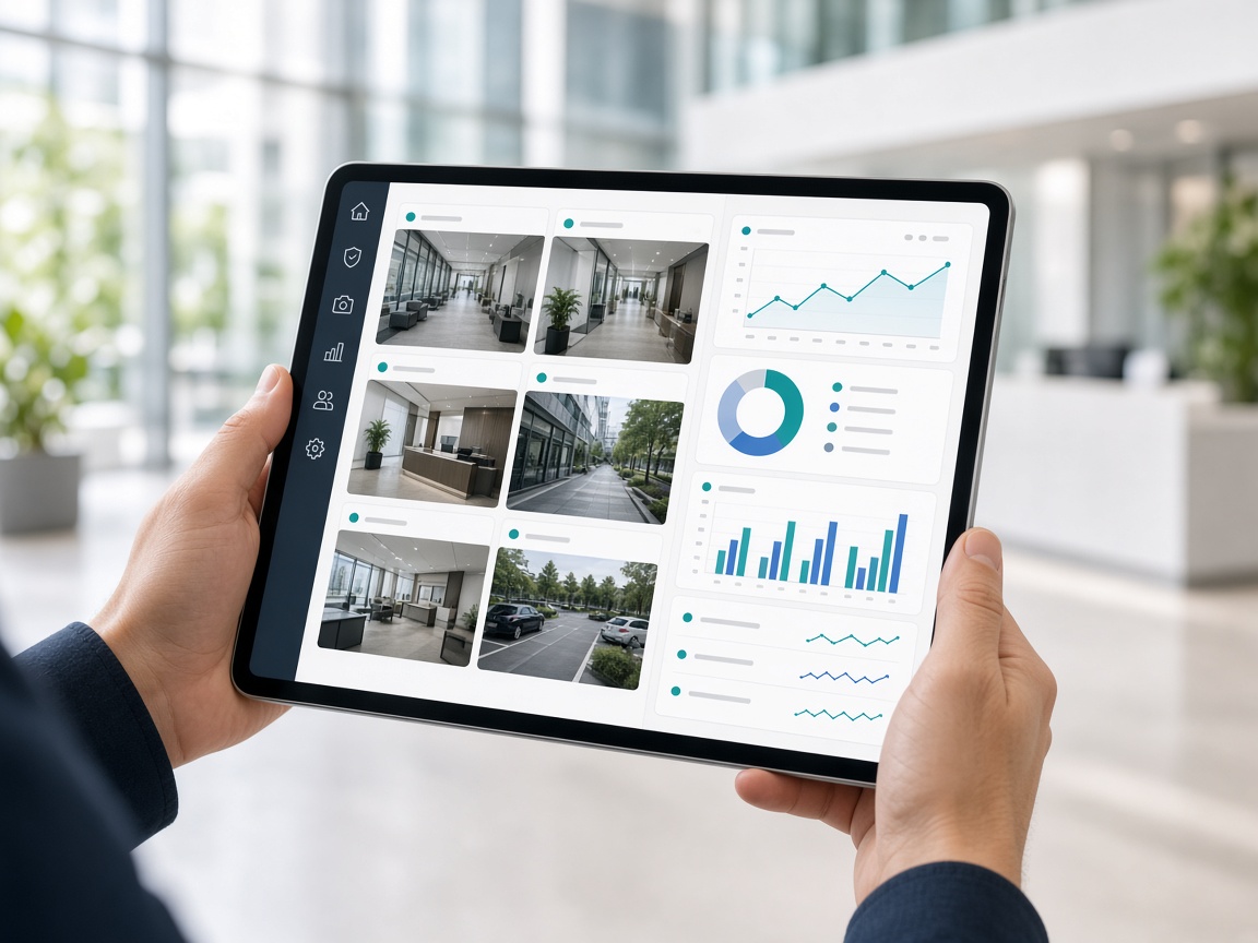 Tablet con dashboard que integra cámaras de seguridad y métricas de negocio